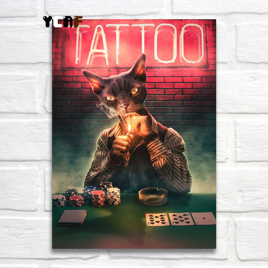 Tattoo Cats Canvas Print, Vintage Tattoo Parlor Cat Wall Art