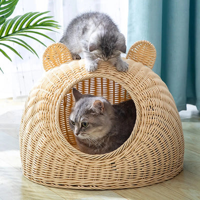 Imitation Rattan Cat Bed House with Front Opening