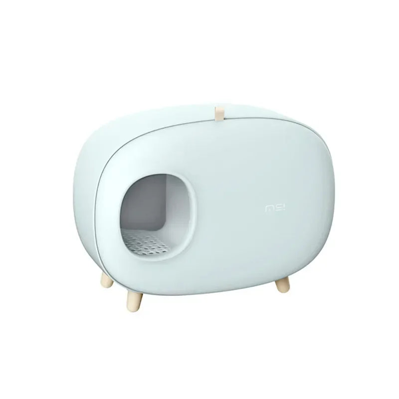 Mochi Shaped Enclosed Cat Litter Box, Rounded Covered Litter Box on Wooden Legs