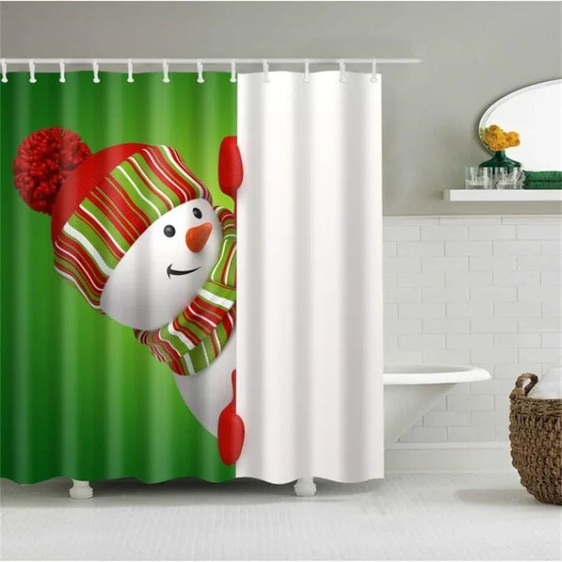 Christmas Shower Curtain with Snowman and Santa, Hooks Included