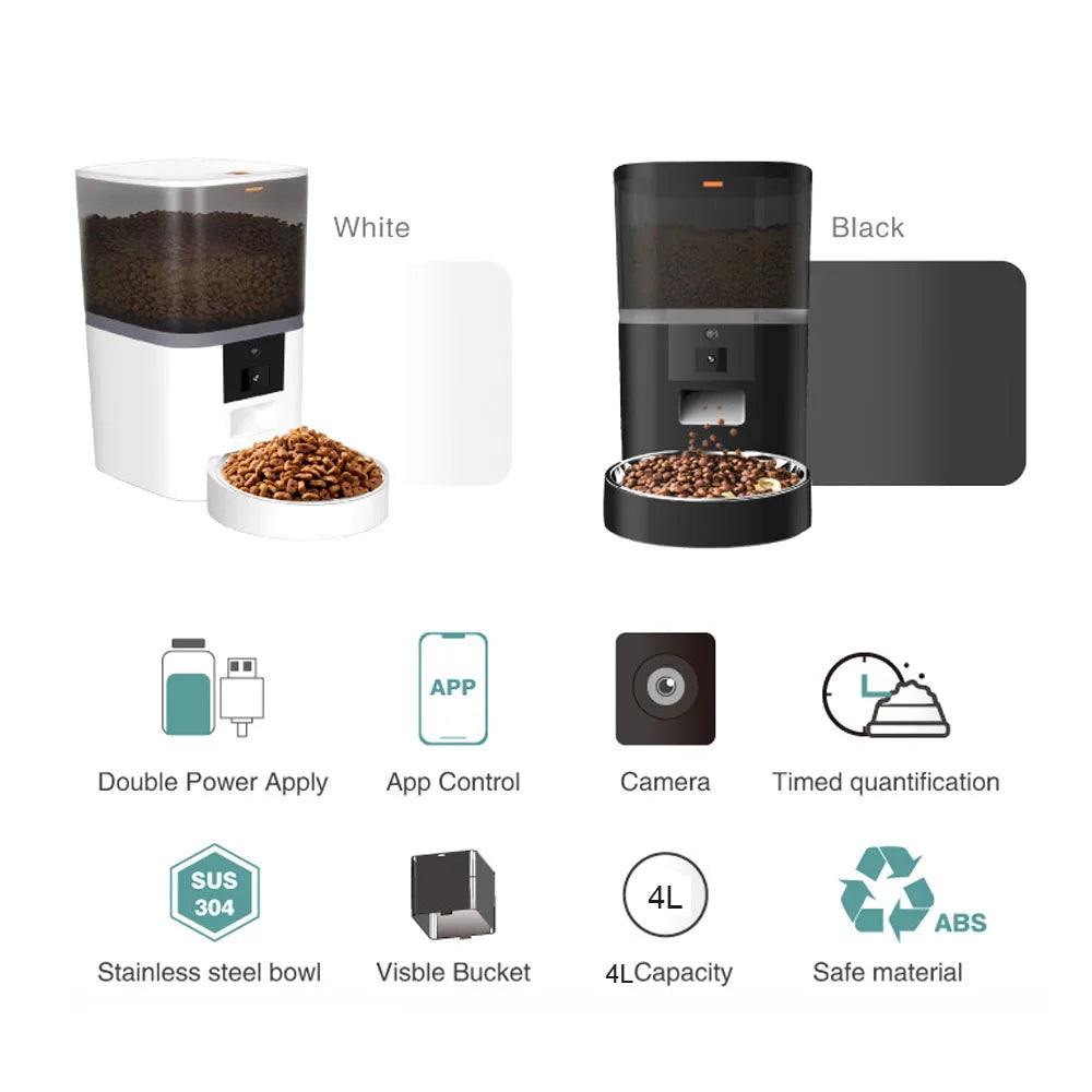 Automatic Cat Feeder With HD Camera and Two Stainless Steel Bowls, 4 L Capacity