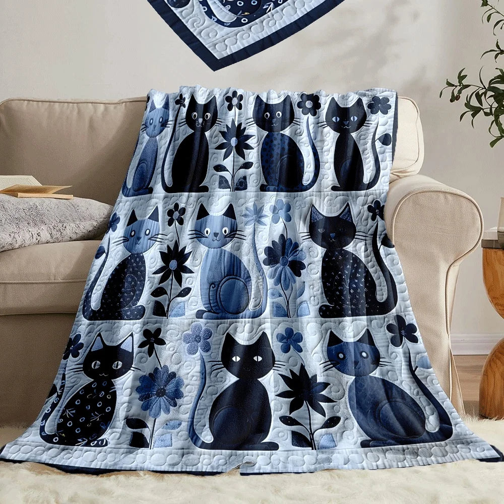 Blue Cat Floral Patchwork Flannel Throw Blanket