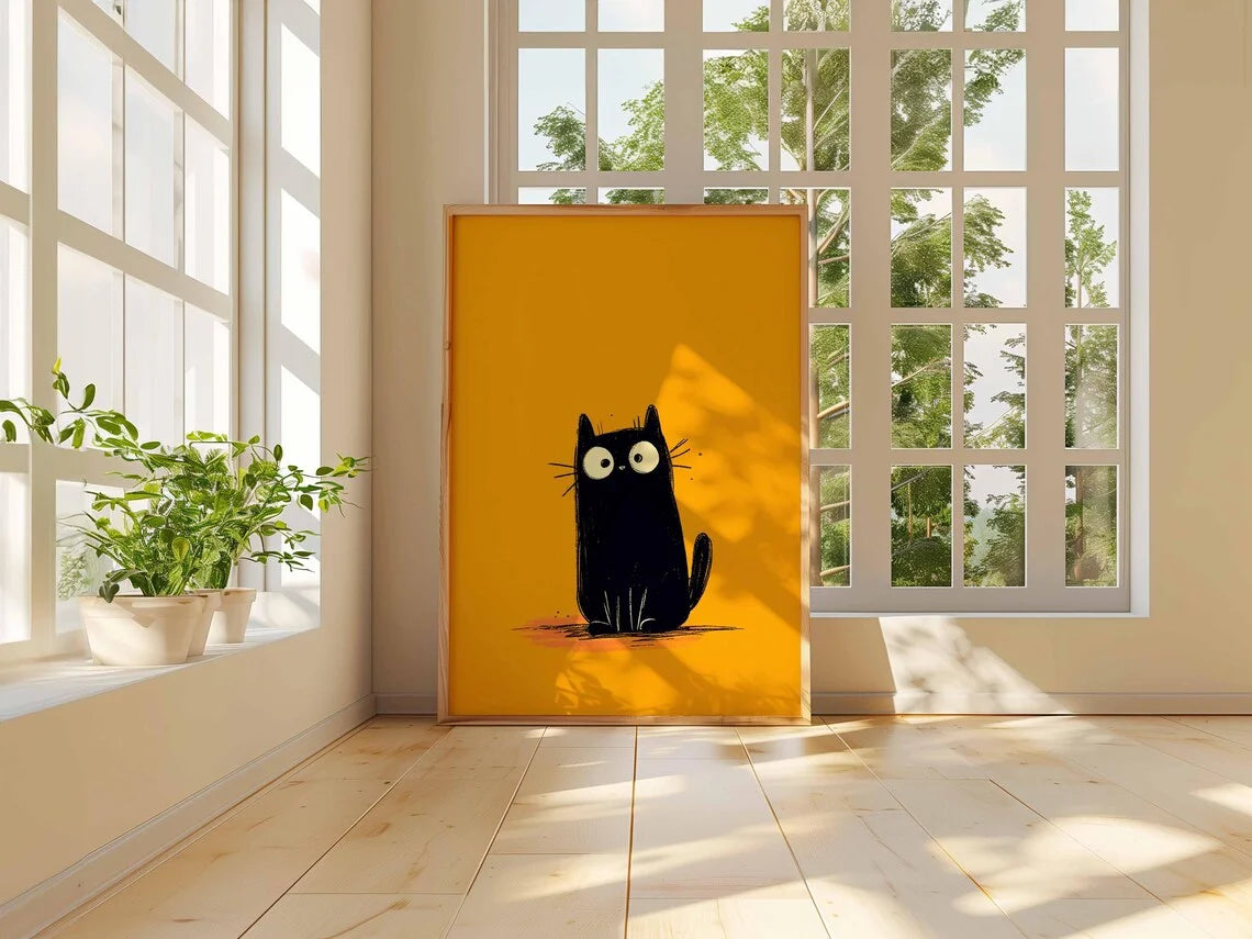 Black Cat Poster on Bold Orange, Funny Minimalist Cat Art Print
