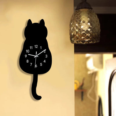 Minimalist Cat Wall Clock, White Calico Cat With Swinging Tail