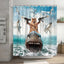 Funny Cat Riding a T-Rex Shower Curtain, Japanese Wave Decor