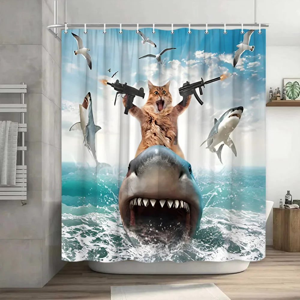 Funny Cat Riding a T-Rex Shower Curtain, Japanese Wave Decor