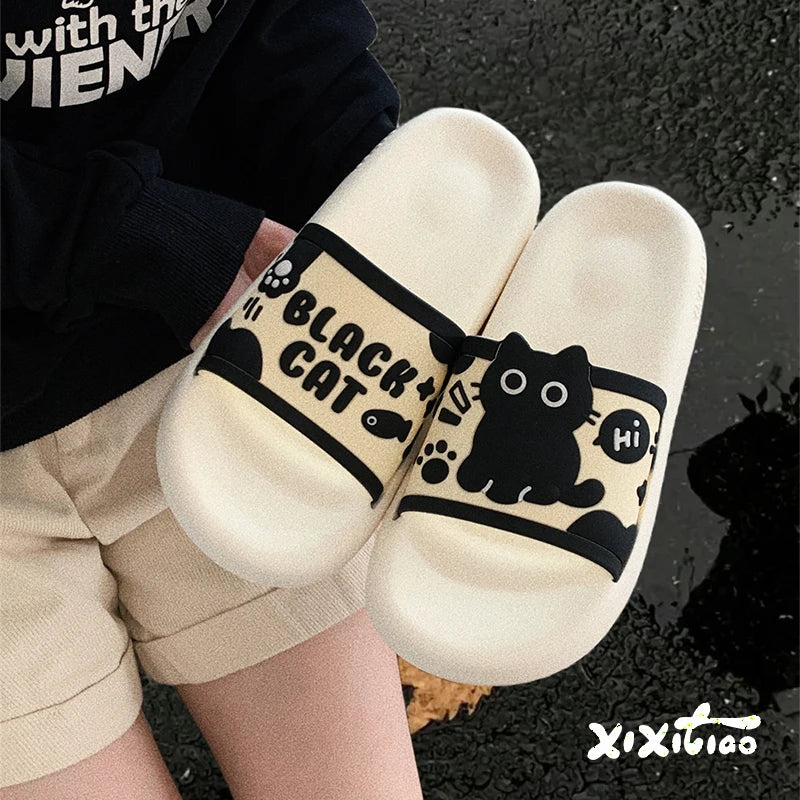 Black Cat Shower Slides for Women, Thick Cushioned EVA Sole