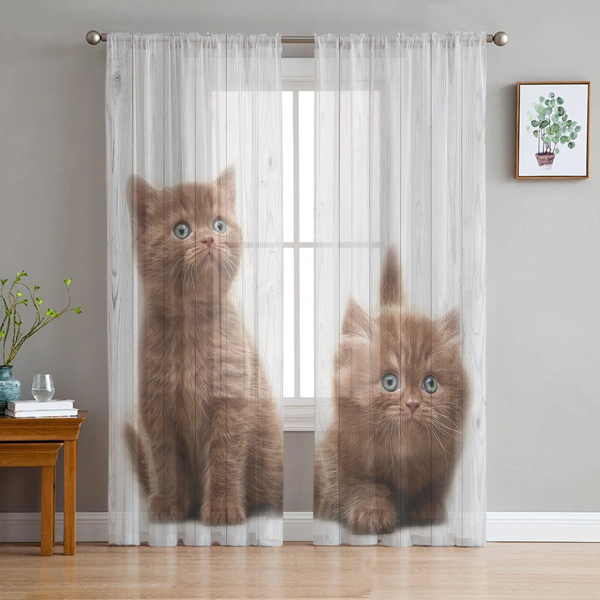Cartoon Cat Sheer Curtains, Printed Voile Window Panels Set of 2