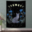 Black Cat Moon Phase Tapestry with Blue Roses, Vertical
