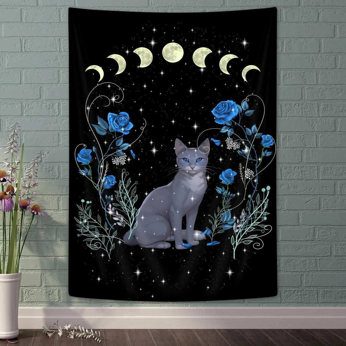 Black Cat Moon Phase Tapestry with Blue Roses, Vertical