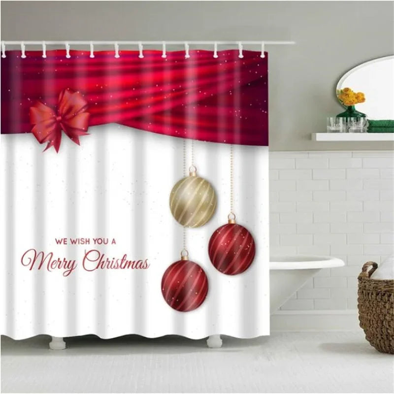 Christmas Shower Curtain with Snowman and Santa, Hooks Included