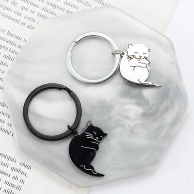 Black and White Hugging Cats Keychain Set for 2, Stainless Steel Couple Keyrings