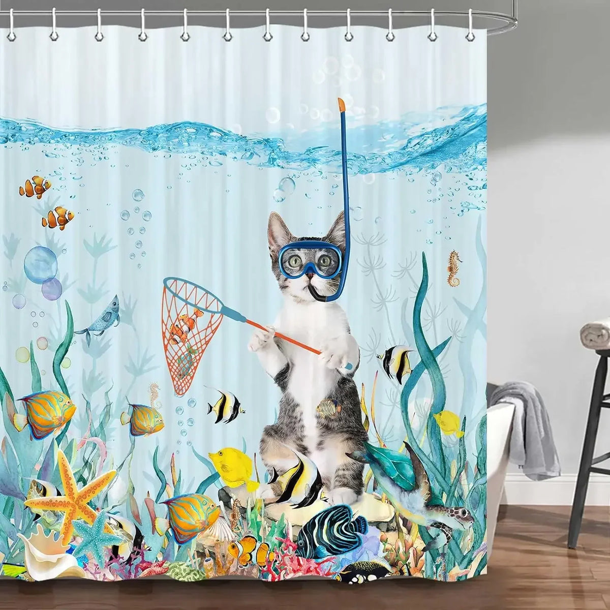 Cute Cat and Dinosaur Shower Curtain with 12 Hooks Included