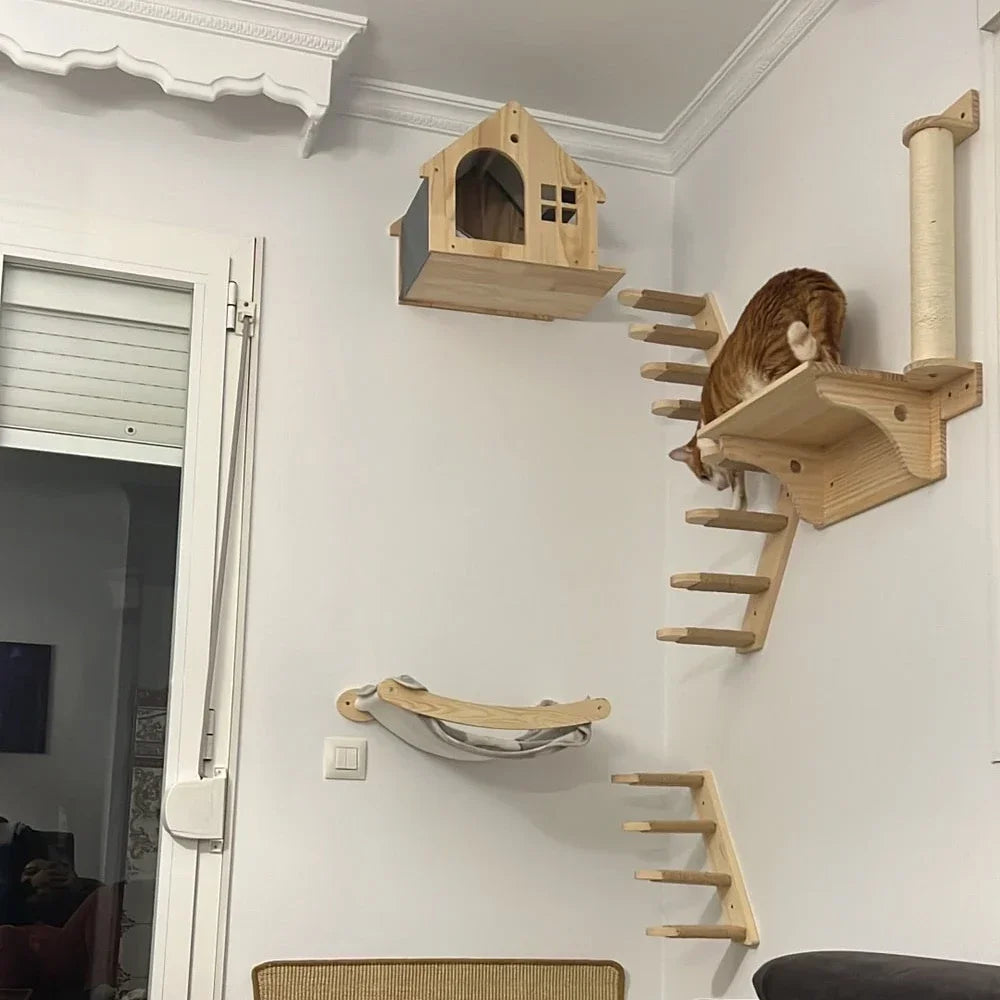 Wall-Mounted Cat Shelves and Climbing Set, Solid Wood Pieces to Mix and Match