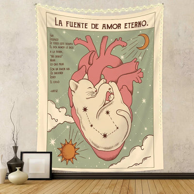 Sun and Moon Tarot Cat Tapestry, Small Boho Wall Hanging