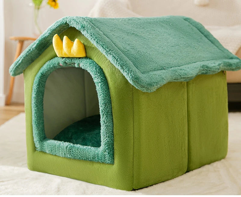 Shaggy Roof Cat House Bed with Fluffy Faux Fur Trim