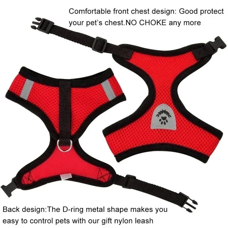 Red Mesh Cat Harness and Leash Set, Bright High-Visibility Vest With Reflective Trim