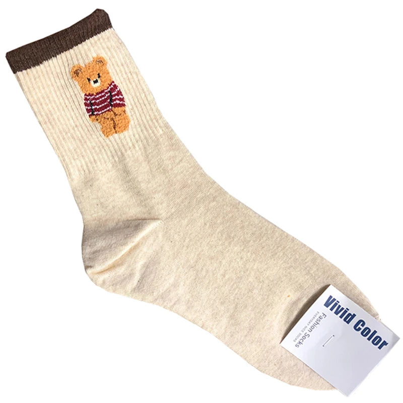 Cute Cartoon Bear Socks for Women, Cotton Blend Ankle Socks