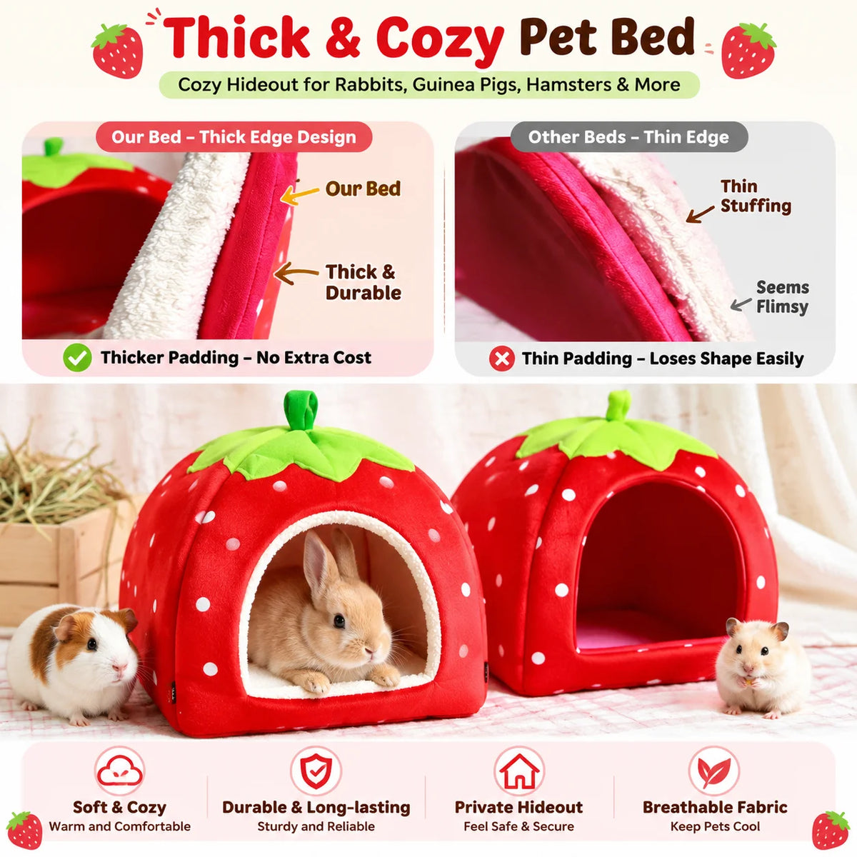 Strawberry Rabbit Bed and Hanging Hay Feeder Bag Set