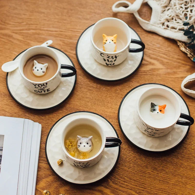 Hidden Kitten Cup and Saucer, Ceramic Coffee Cup With 3D Cat Inside