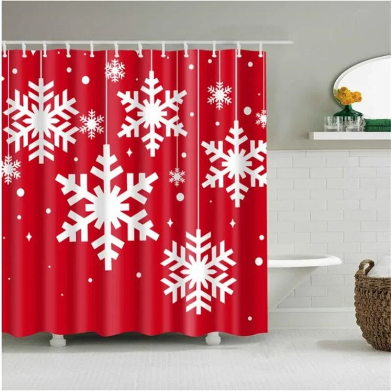 Christmas Shower Curtain with Snowman and Santa, Hooks Included