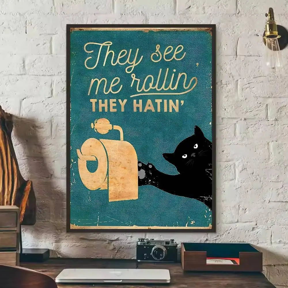Self-Adhesive Black Cat Poster, Cute Peel and Stick Wall Art