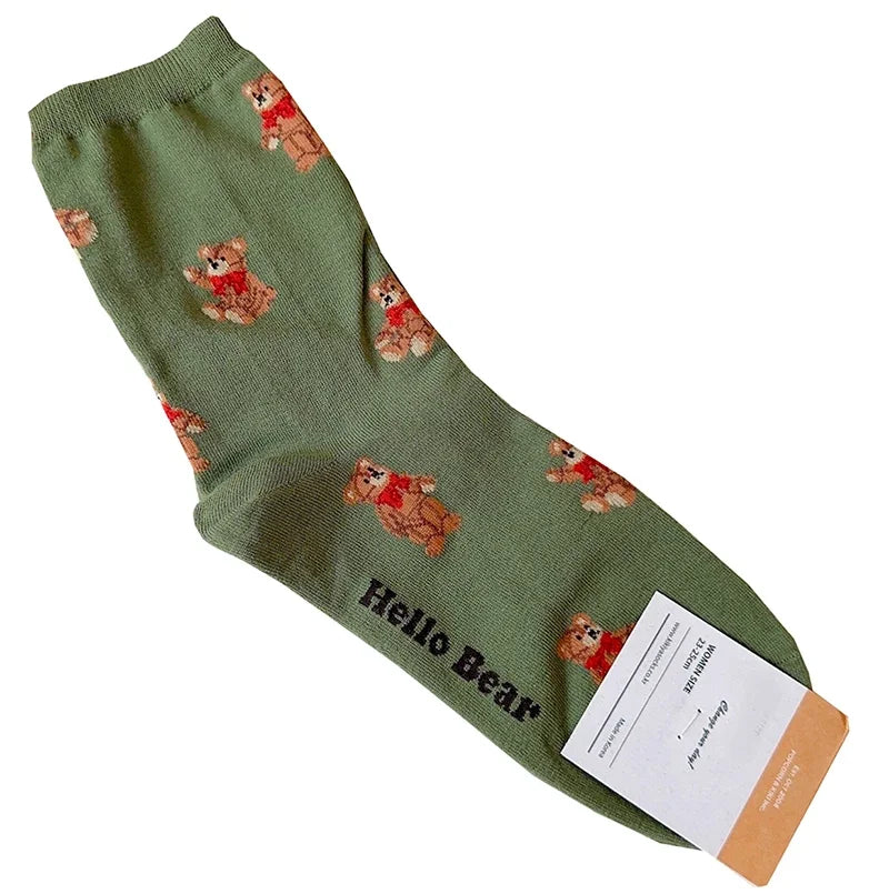 Cute Cartoon Bear Socks for Women, Cotton Blend Ankle Socks