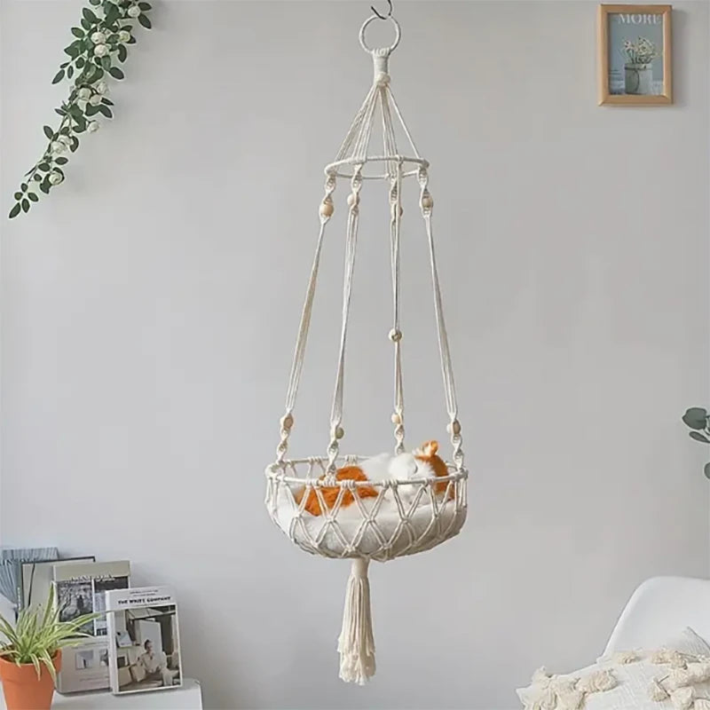Hanging Macramé Cat Bed Basket with Woven Cotton Rope