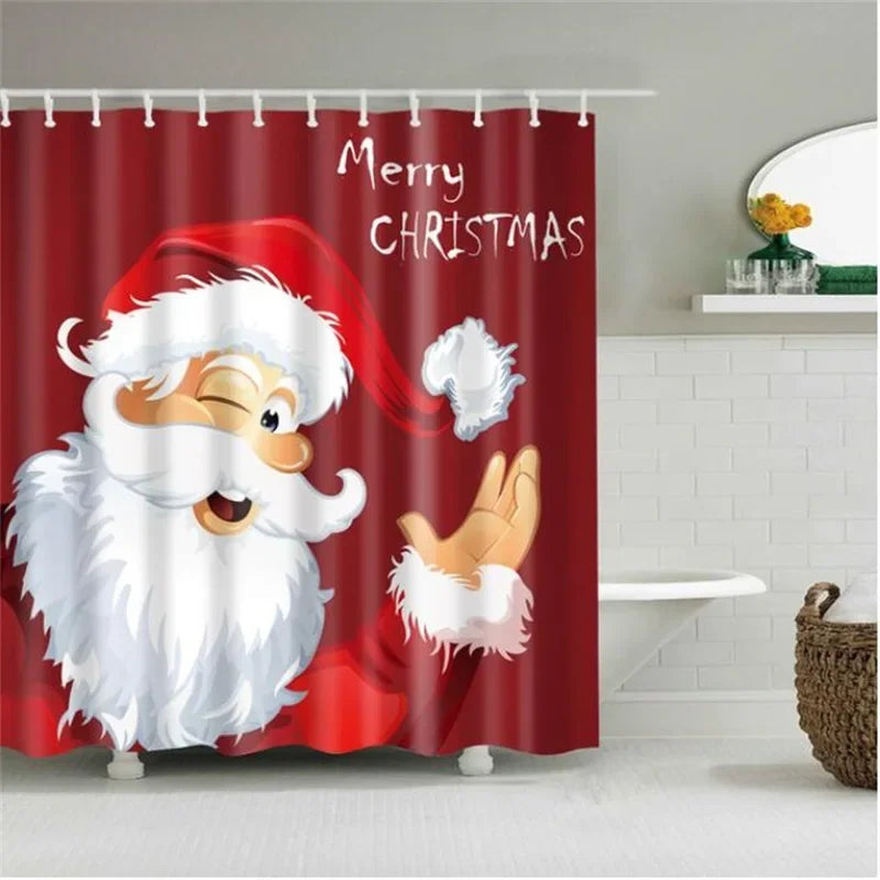 Christmas Shower Curtain with Snowman and Santa, Hooks Included