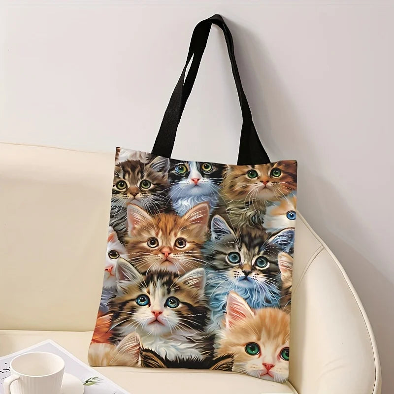 All-Over Kitten Print Tote Bag, Reusable Shopping Bag