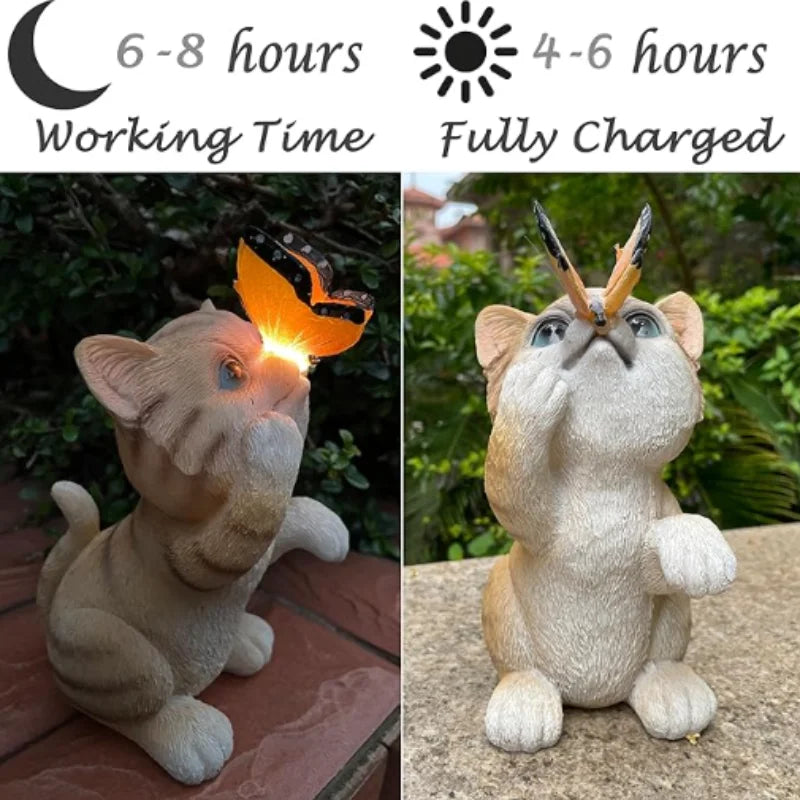 Solar Garden Cat Statue with Butterfly Light, Orange Tabby Kitten