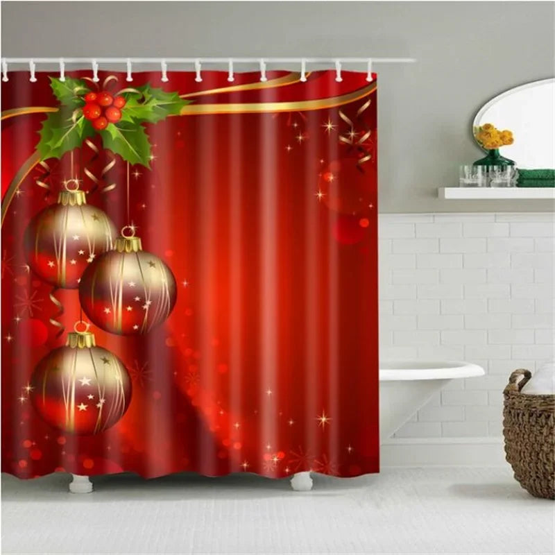 Christmas Shower Curtain with Snowman and Santa, Hooks Included