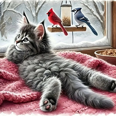 Lazy Cat Diamond Painting Kit, Fluffy Kitten Watching Winter Birds
