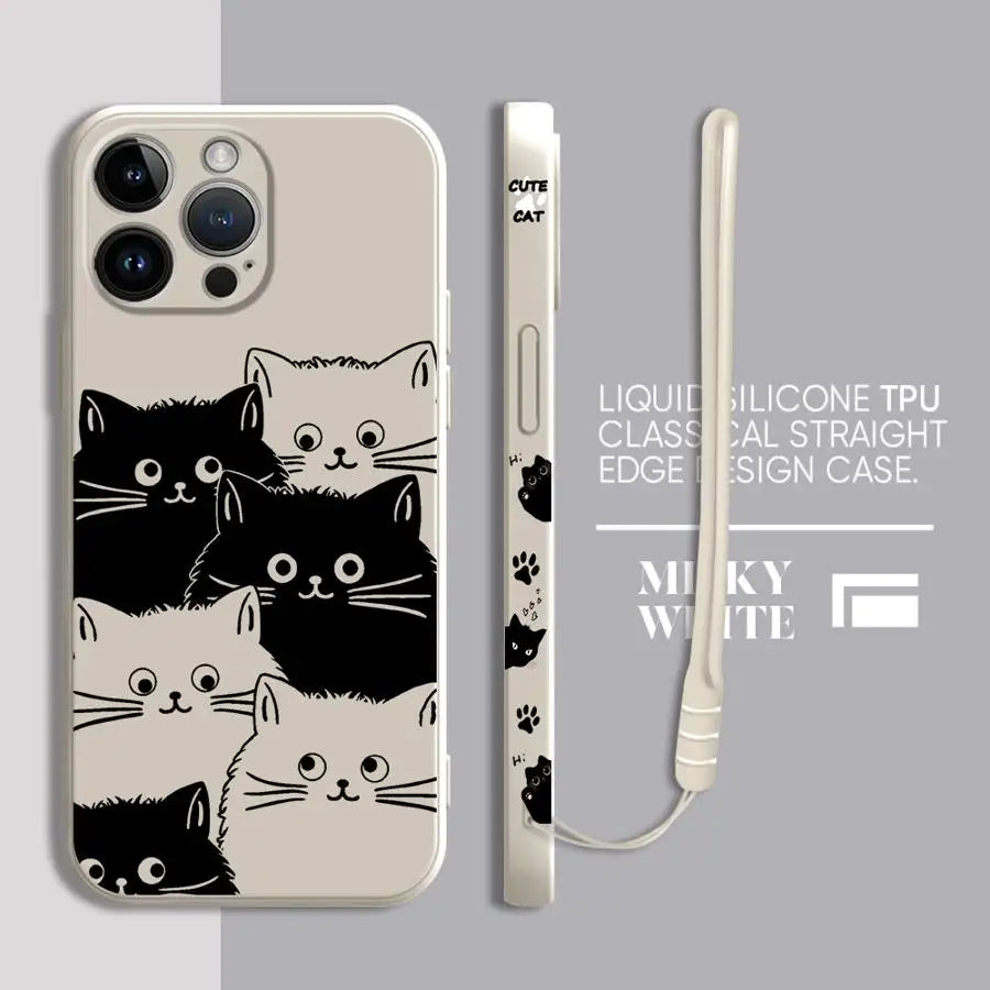 Peeking Black Cat Phone Case With Side Paw Print Design and Wrist Lanyard