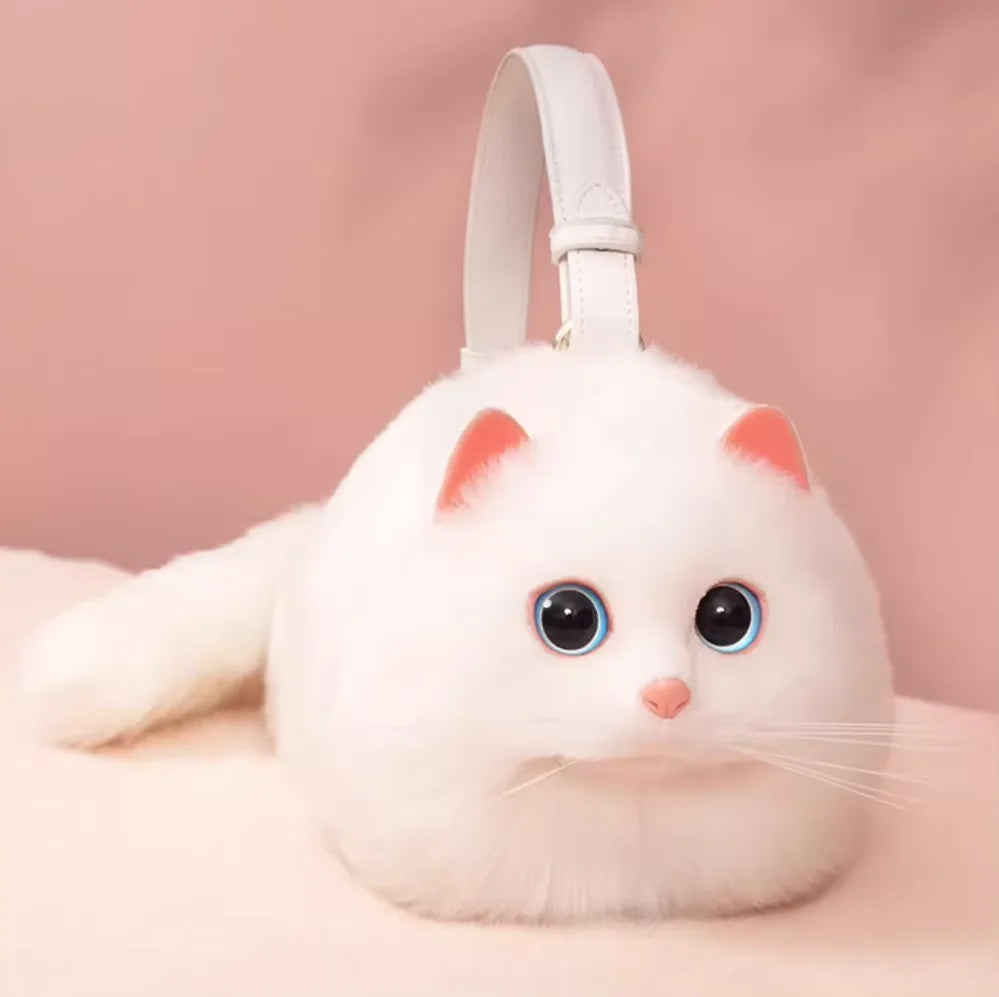 Realistic Fluffy Cat Handbag with Long Plush Tail