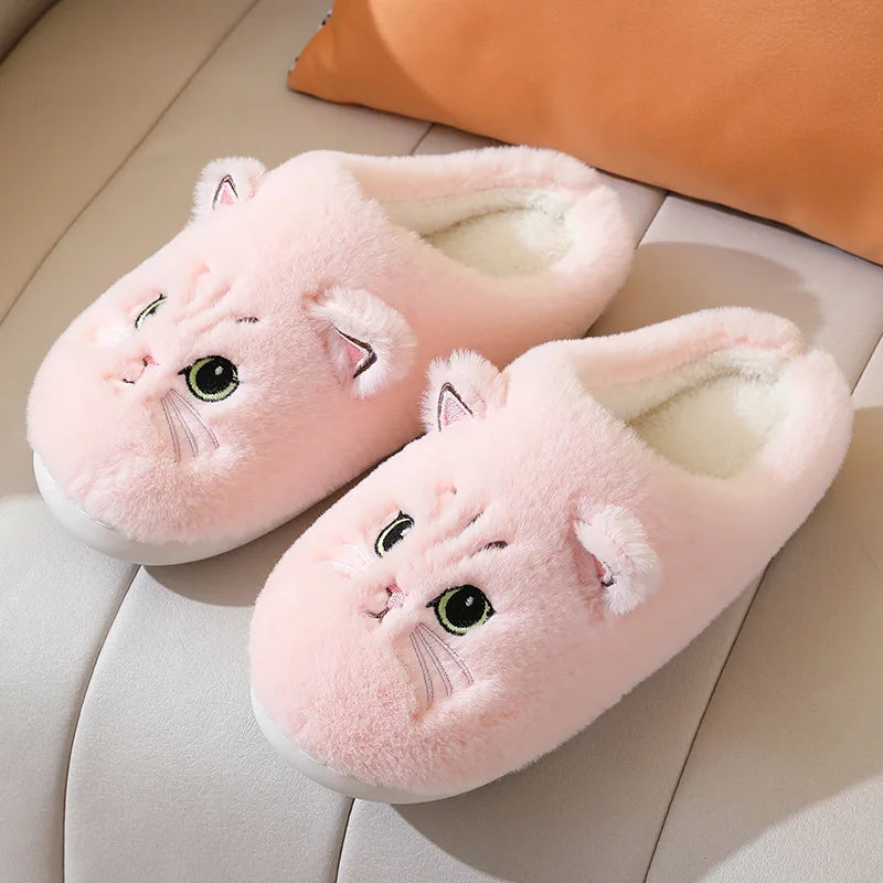 Cat Print Plush House Slippers, Warm Flannel Winter Shoes