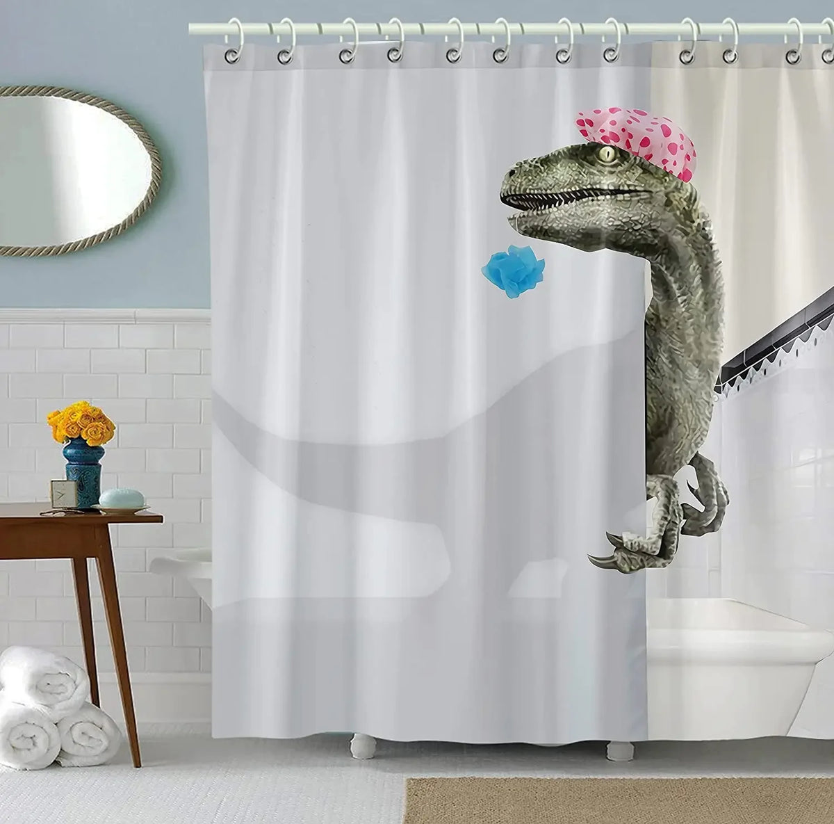 Funny Cat Riding a T-Rex Shower Curtain, Japanese Wave Decor
