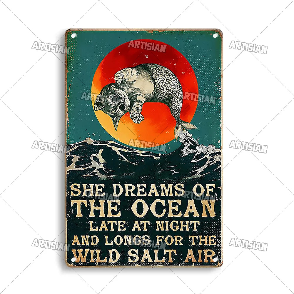 Black Cat Vintage Tin Plate, Horizontal Retro Wall Sign Gift