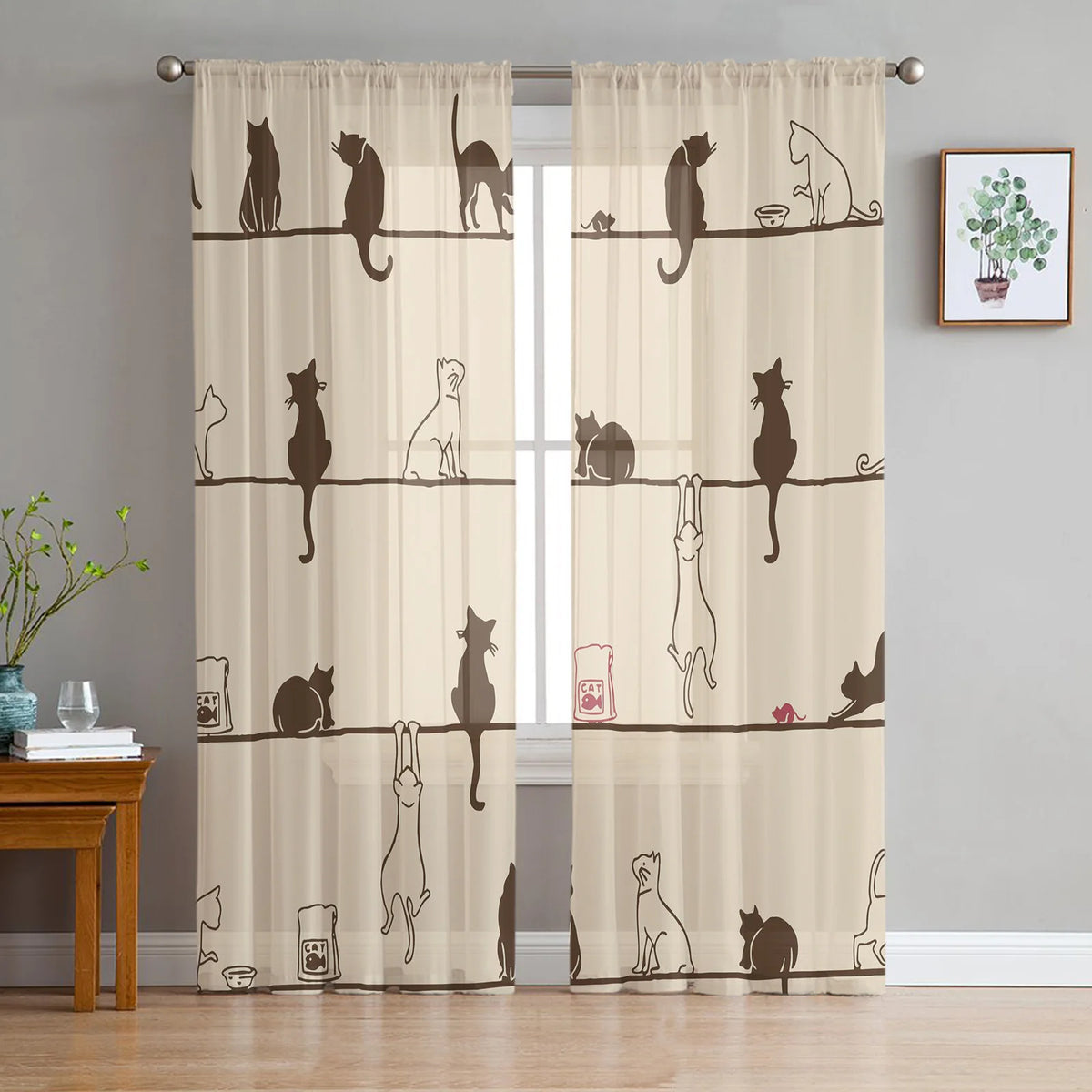 Cartoon Cat Sheer Curtains, Printed Voile Window Panels Set of 2