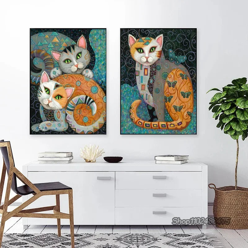 Gustav Klimt Style Cat Canvas Print, Decorative Cat Wall Art