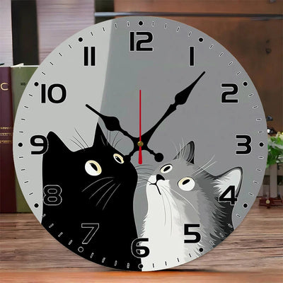 Two Cats Wall Clock, Black and Gray Cats Looking Up at the Time