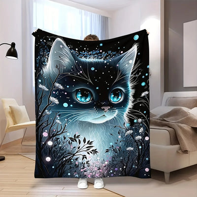 Blue-Eyed Black Cat Throw Blanket, Soft Flannel Fleece