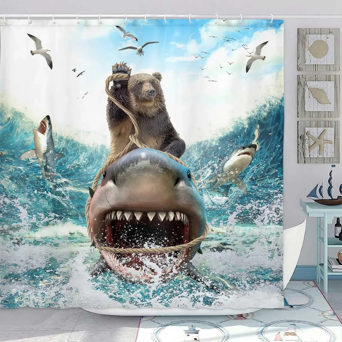 Cute Cat and Dinosaur Shower Curtain with 12 Hooks Included
