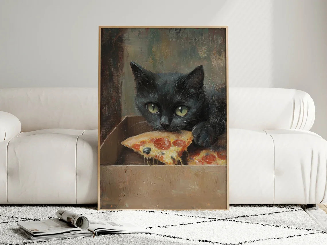Funny Black Cat Kitchen Wall Art, Whimsical Food Lover Print