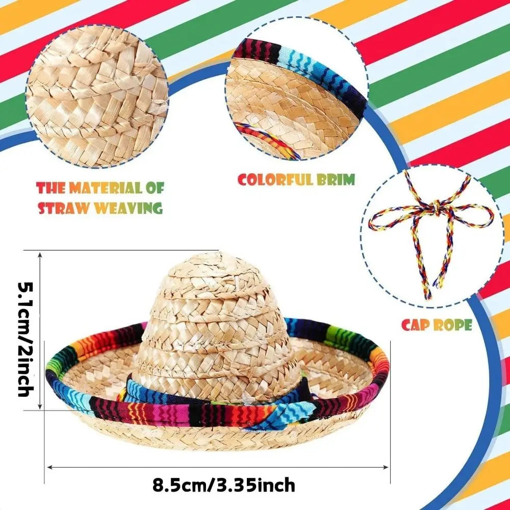 Mini Straw Sombrero for Cats, Woven Fiesta Hat With Colorful Brim