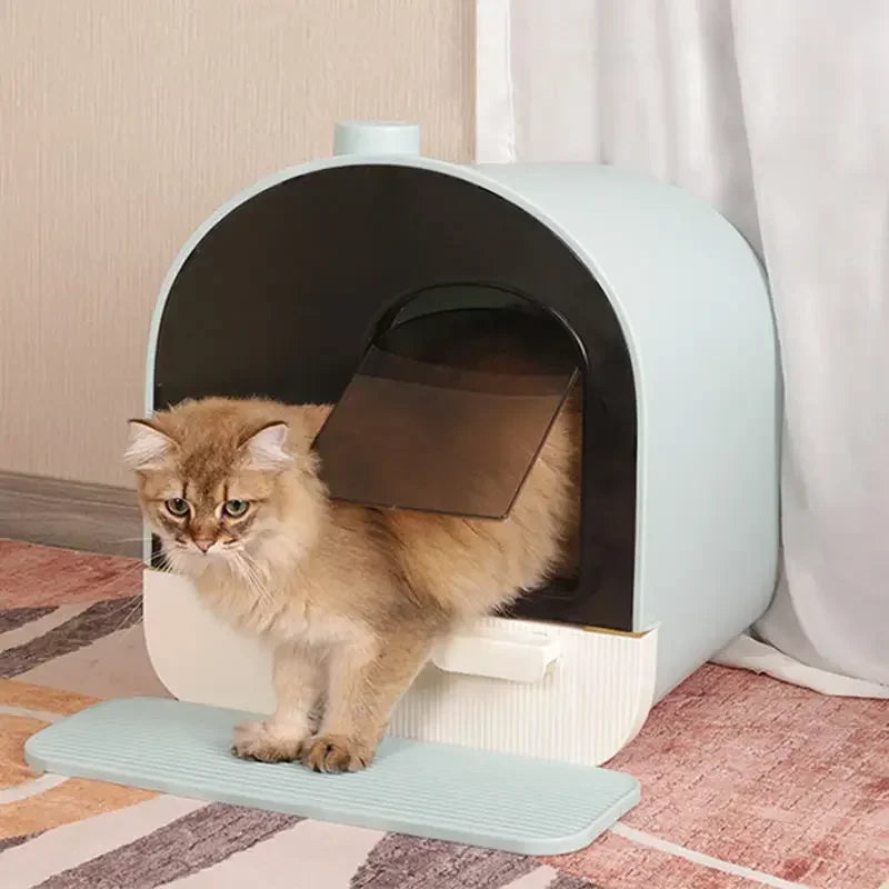 Cabin-Style Enclosed Cat Litter Box With Pull-Out Drawer and Paw Mat