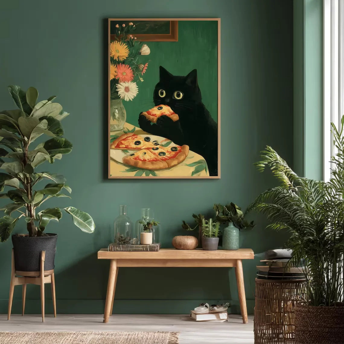 Funny Black Cat Kitchen Wall Art, Whimsical Food Lover Print
