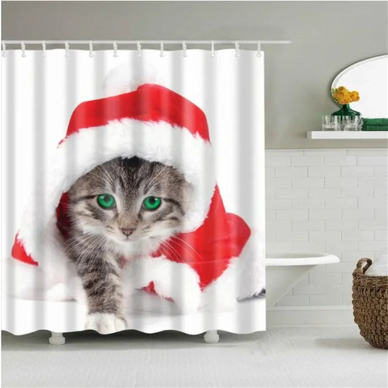 Christmas Shower Curtain with Snowman and Santa, Hooks Included