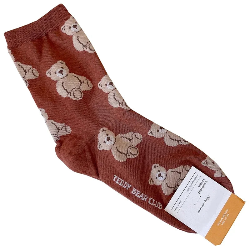 Cute Cartoon Bear Socks for Women, Cotton Blend Ankle Socks
