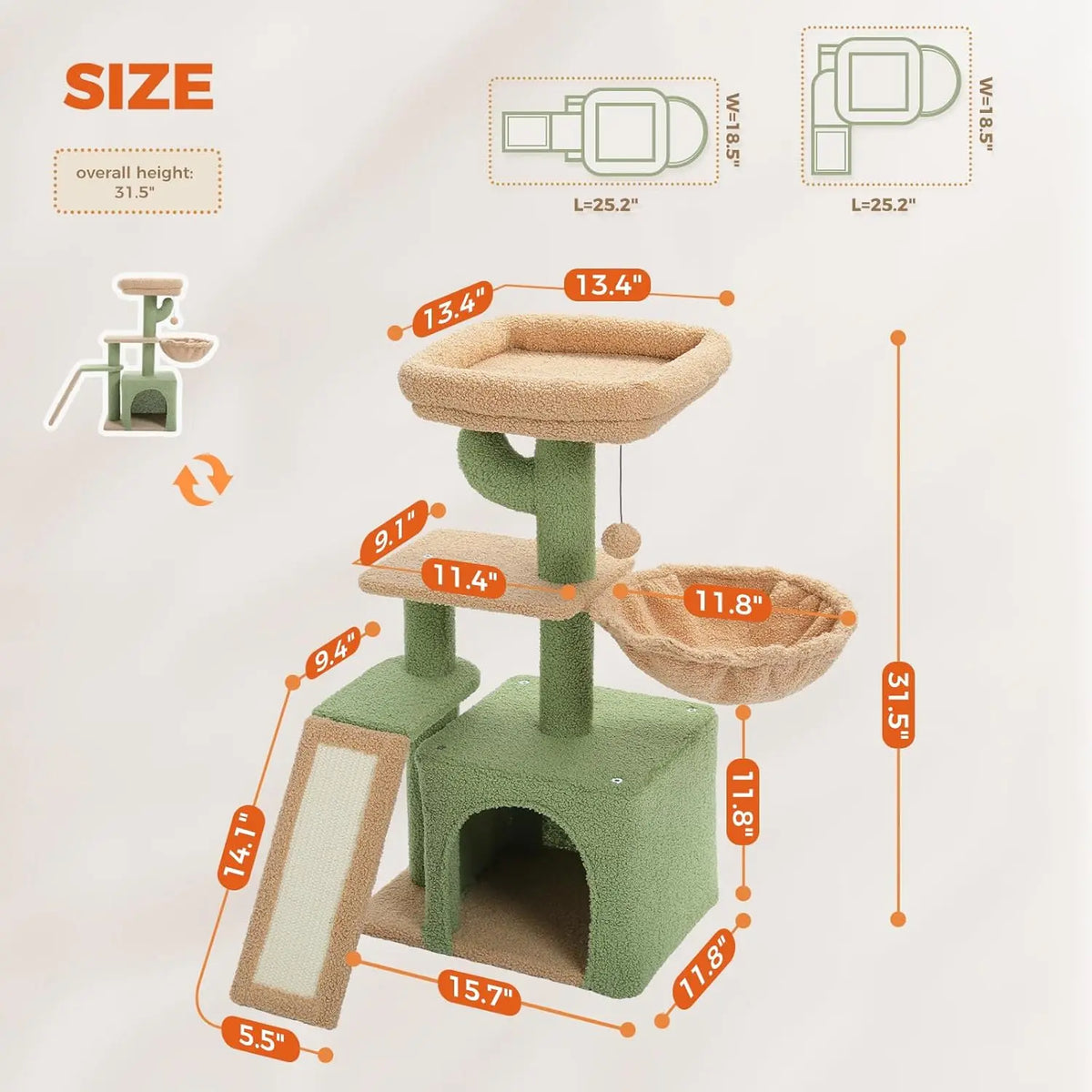 Green Cactus Cat Tree with Hammock and Scratching Ramp